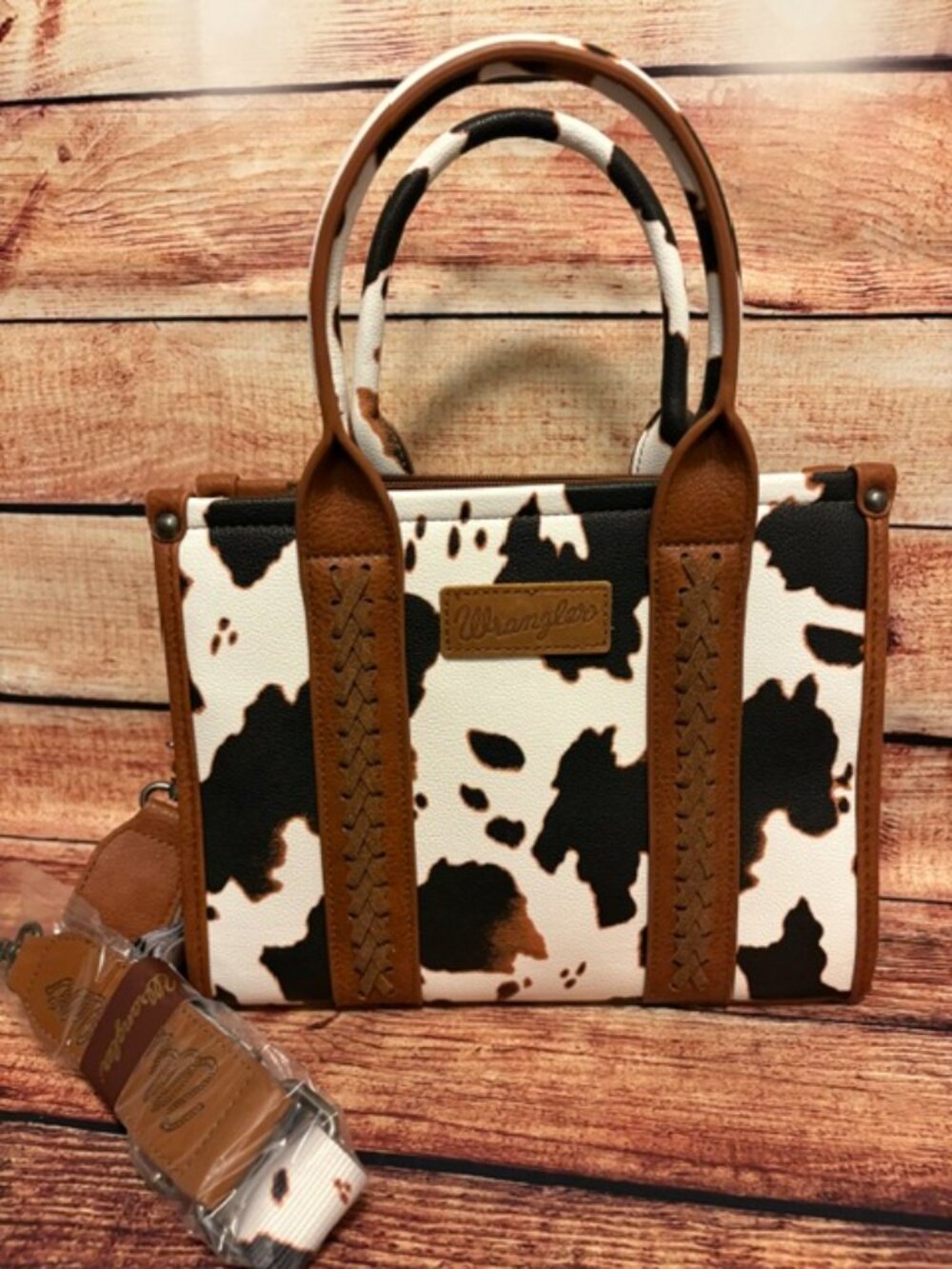 Wrangler Cowhide Print Western Satchel Tote Bag W/Strap - Brown NWT - Picture 1 of 4